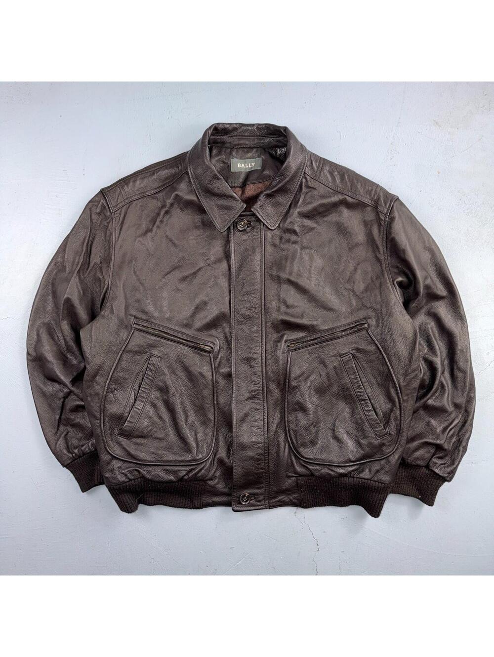 Bally Brown Leather Jacket Mens Size 44 Bomber Coat Made in Italy Soft Wool